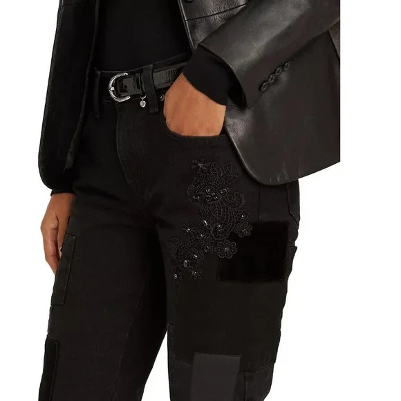 NWT Lauren Ralph Lauren Patchwork Relaxed Tapered Jean Black Wash - Picture 5 of 6